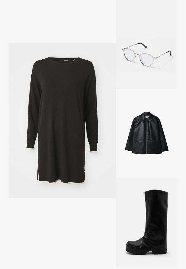 Chaqueta de cuero negra con cierre frontal, gran cuello y dos bolsillos frontales. Presenta una textura suave y un diseño estructurado.; Vestido suéter negro de manga larga con acentos de canalé de color crema en el escote y el dobladillo. Presenta aberturas laterales para mayor facilidad de movimiento.; Bota alta de cuero negro con suela gruesa y estriada y cremallera que corre verticalmente a lo largo del costado frontal, sobre un fondo sencillo.; Gafas de sol plateadas metálicas con lentes redondos y un marco delgado. Las puntas de las patillas en negro aportan contraste. Incluyen almohadillas nasales ajustables.