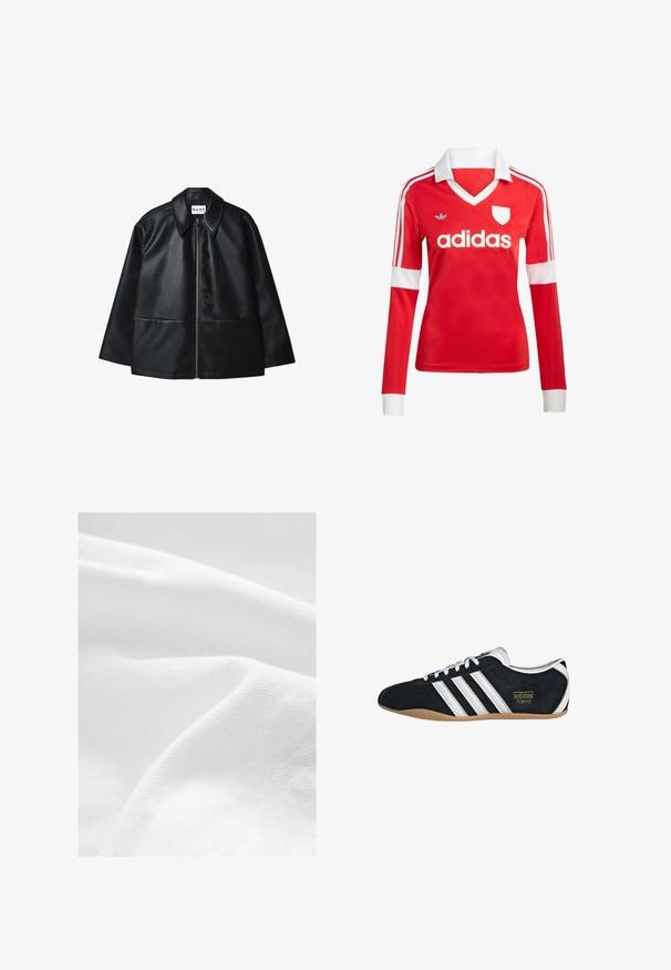 Sort læderjakke med lynlås foran, stor krave og to forlommer. Har en glat tekstur og struktureret design.; Rød langærmet fodboldtrøje med hvid krave og manchetter. Har tre hvide striber på skuldrene og "adidas" logoet fremtrædende vist.; Hvidt stof med en glat, tekstureret overflade, der har subtile variationer i nuance og lys, hvilket skaber bløde folder og bølger.; Sort ruskinds sneaker med hvide tre striber, guldlogo og en brun gummisål. Har et lavprofil snørebåndsdesign.