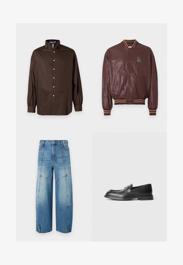 Bordeauxrode leren varsityjas met gestreepte geribbelde boorden en kraag. Voorzien van zijzakken en een geborduurd 'EA'-logo in turquoise en bruin.; Bruine lange mouwen shirt van een gladde stof met een klassieke kraag, voor sluiting met knopen en elastische manchetten; heeft een subtiele logodetail.; High-waisted wijde spijkerbroek van blauw denim met vervaagde panelen, decoratieve stiklijnen, knoopjes aan de enkels en een knoopsluiting aan de voorkant.; Zwarte leren loafers met een gestructureerde afwerking, voorzien van een decoratieve voorstrik en een afgeronde neus. Rubberzool voor duurzaamheid.