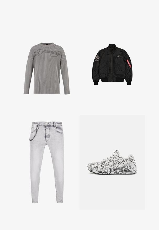Chaqueta bomber negra con cremallera frontal, dos bolsillos inclinados, parches de Alpha Industries en el pecho y la manga, y una etiqueta roja "Remove Before Flight" en el brazo izquierdo.; Suéter de punto acanalado gris con escote redondo, hombros caídos y una superficie texturizada. Presenta el logo "Ed Hardy" en un gris más oscuro en la parte delantera.; Jeans skinny de denim gris claro deslavado con un acento de cadena en la cadera. Presenta un diseño clásico de cinco bolsillos y una cremallera con cierre de botón.; Zapatillas blancas con patrones gráficos negros que presentan flores, insectos y diseños abstractos. Punta redondeada y cordones blancos, suela de goma.