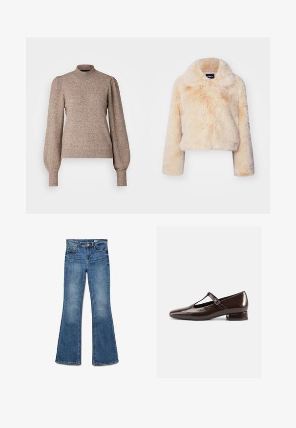 Nepbont cropped jas in lichtbeige, met een brede kraag en lange mouwen, een zachte, fluffy textuur en zonder zichtbare sluitingen.; Gebreide pullover trui in lichtbruin, met een hoge halslijn, opgeblazen lange mouwen en geribbelde manchetten en zoom. Zachte, gestructureerde stof.; Uitlopende blauwe spijkerbroek met een mid-rise taille, voorzien van een schone afwerking, vervaagde textuur en traditioneel vijf-pocket ontwerp.; Bruine lakleren Mary Jane-schoenen met een afgeronde neus, een uitgesneden ontwerp en een verstelbare riem. Lage blokhak.