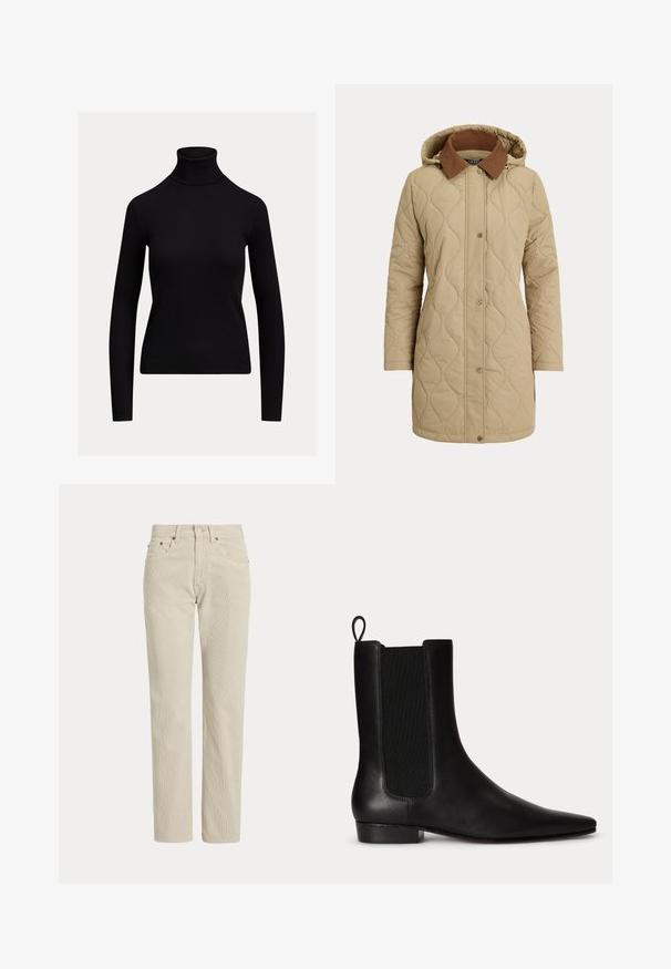 Beige quiltet frakke med brun krave og hætte, forreste trykknapper og lange ærmer.; Sort, tætsiddende rullekravebluse med lange ærmer og ribstrikket tekstur, vist på en ensartet lys baggrund.; Beige, lige-benede fløjlsbukser med bæltestropper, frontknap, lynlås og frontlommer.; Sort læderankelstøvle med elastisk sidel panel, trækstrop bagpå, lav hæl og spids tå.