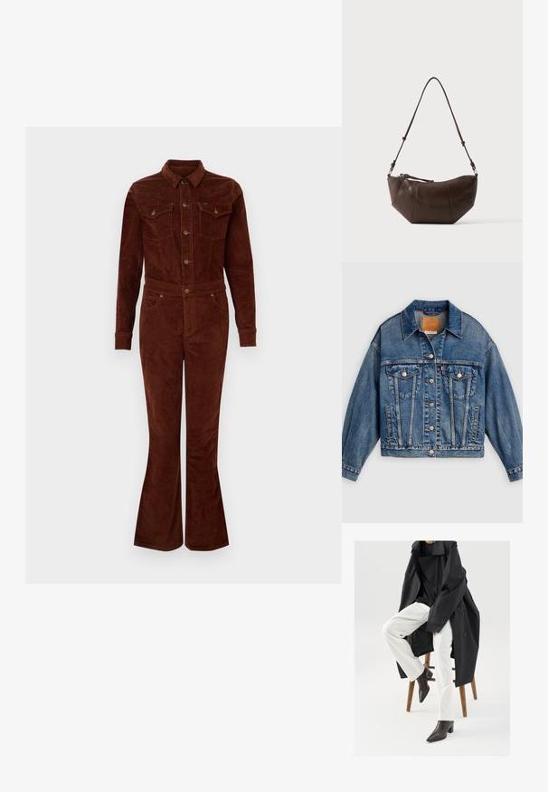 Blauwe spijkerjack met knoopsluiting aan de voorkant, twee borstflapzakken met knopen, zijzakken en een puntige kraag.; Bruine corduroy jumpsuit met een kraag, lange mouwen, flare benen, borstzakken en metalen knoopaccenten. Vlotte textuur en getailleerd ontwerp.; Zwarte, oversized trenchcoat over een zwart top, gecombineerd met witte broek en bruine, puntige enkellaarsjes, zittend op een houten kruk.; Bruine leren schoudertas met een gebogen onderkant en een verstelbare riem tegen een effen lichte achtergrond.