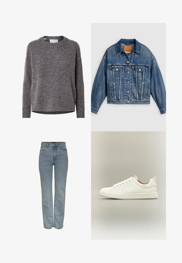 Blauwe spijkerjack met knoopsluiting aan de voorkant, twee borstflapzakken met knopen, zijzakken en een puntige kraag.; Damesgrijze wollen trui met lange mouwen, ronde hals, geribde manchetten en zoom, gelabeld Selected Femme.; Lichtblauwe hoge taille straight-leg jeans met een sluiting met knoop en rits aan de voorkant, vijf zakken en riemlussen.; Witte lage sneaker met veters, geperforeerde details aan de zijkant en een trek lus op de hiel, tegen een neutrale achtergrond.