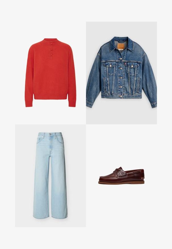 Modrá rifľová bunda s gombíkmi vpredu, dvoma náprsnými vreckami so zipsom, bočnými vreckami a špicatým golierom.; ICHI IHDASILA LONG SLEEVE - Svetrík - fiery red; Svetlomodré nohavice širokého strihu so zapínaním na gombík a zips vpredu, pútkami na opasok a klasickým dizajnom s piatimi vreckami.; Hnedá kožená lodná topánka so šnúrkami, detailmi stehov a logom Timberland na boku, zobrazená na bielom pozadí.