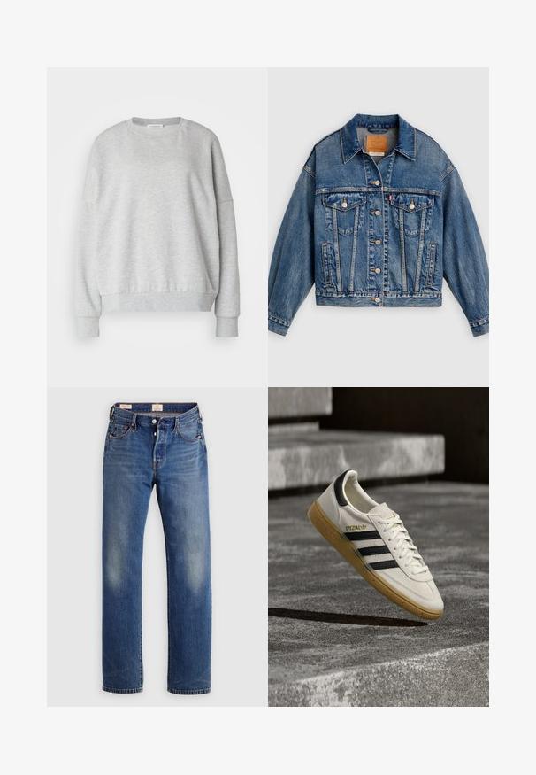 Blaue Jeansjacke mit Knopfleiste, zwei aufgesetzten Brusttaschen mit Knöpfen, Seitentaschen und spitzem Kragen.; Hellgrauer Sweatshirt aus weichem Material, mit rundem Halsausschnitt, überschnittenen Schultern und gerippten Bündchen sowie Saum für eine entspannte Passform.; Blaue Jeans aus Denim mit geradem Schnitt, einer ausgewaschenen Struktur, oranger Naht und einem Fünf-Taschen-Design mit Metallbeschlägen.; Weißer Adidas Spezial Sneaker mit schwarzen Streifen und Kautschuksohle, der über grauen Steinstufen im Freien schwebt.