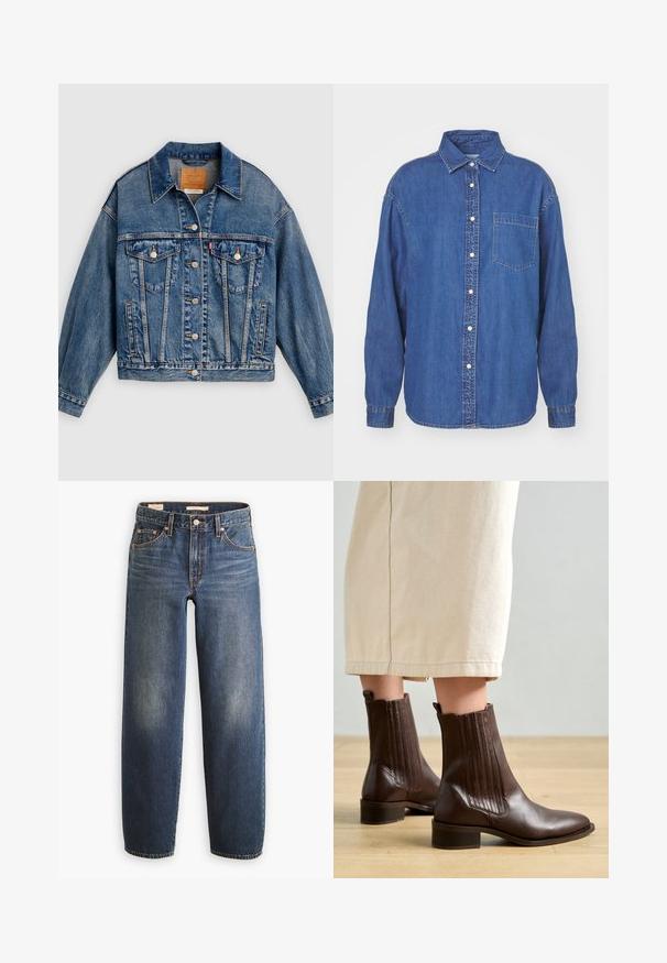 Blaue Jeansjacke mit Knopfleiste, zwei aufgesetzten Brusttaschen mit Knöpfen, Seitentaschen und spitzem Kragen.; Dunkelblaue Jeanshemd mit Knopfverschluss, Kragen und einer Brusttasche. Lange Ärmel mit geknöpften Manschetten. Klassisches Design.; Dunkelblaue Jeans aus Denim mit geradem Bein, ausgestattet mit fünf Taschen, Kupfernieten und dezenten Verwaschungen an den Oberschenkeln.; Pavement SHANI - Stiefelette - brown