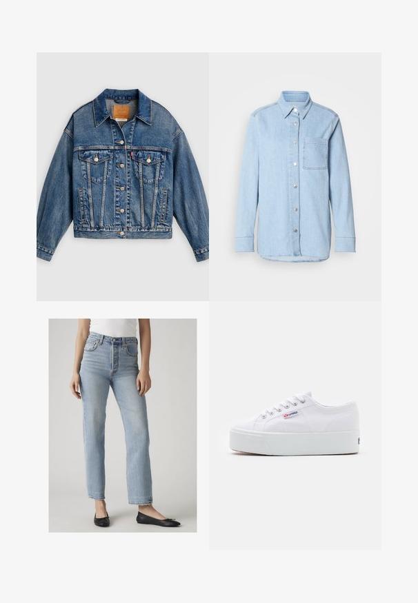 Blå denimjakke med knapper foran, to brystlommer med klap og knapper, sidelommer og en spids krave.; Lyseblå denimskjorte med knaplukning foran, spids krave, enkelt brystlomme og lange ærmer med knapmanchetter.; Kvinde iført lyseblå jeans med høj talje og lige ben samt sorte balletsko, stående mod en ensfarvet lys baggrund.; Hvide canvas sneakers med en tyk hvid platformssål, rund tå og metaløjelets til snørebånd. Mærkets logo præsenteret på siden.