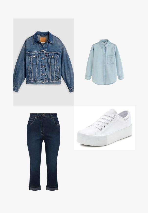 Blauwe spijkerjack met knoopsluiting aan de voorkant, twee borstflapzakken met knopen, zijzakken en een puntige kraag.; Lichtblauw denim overhemd met lange mouwen en knopen, voorzien van een enkele borstzak en een opgevouwen kraag, plat neergelegd op een witte achtergrond.; Donkerblauwe denim cropped jeans met voorzakken, knoopsluiting en opgerolde zomen.; Witte lage leren vetersneakers met dikke rubberen zool en een gestructureerde neuskap, met een stoffen bovenwerk en een merketiket aan de kraag.