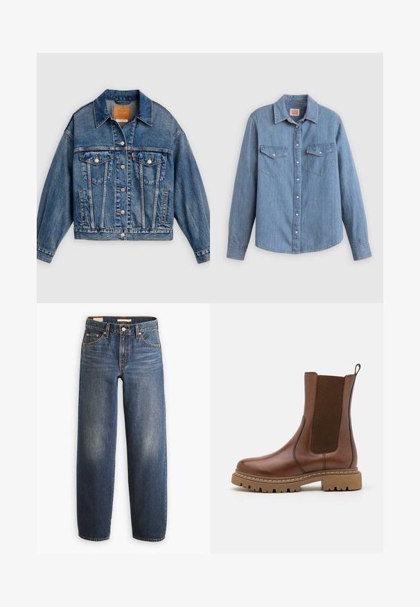 Blaue Jeansjacke mit Knopfleiste, zwei aufgesetzten Brusttaschen mit Knöpfen, Seitentaschen und spitzem Kragen.; Hellblaues Jeanshemd mit langen Ärmeln, Knopfleiste vorne, zwei Brusttaschen und klassischem Kragen. Glatte Textur und lockere Passform.; Dunkelblaue Jeans aus Denim mit geradem Bein, ausgestattet mit fünf Taschen, Kupfernieten und dezenten Verwaschungen an den Oberschenkeln.; Braune Leder-Ankle-Boots mit elastischen Einsätzen und einem Ziehschlaufe. Sie verfügen über eine robuste Gummisohle und sichtbare Nahtdetails entlang der Kanten.
