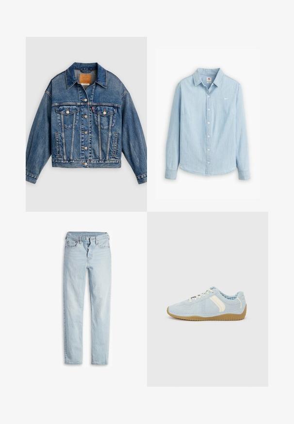 Blauwe spijkerjack met knoopsluiting aan de voorkant, twee borstflapzakken met knopen, zijzakken en een puntige kraag.; Lichtblauwe overhemdbloes gemaakt van zacht denimstof. Heeft een klassieke kraag en lange mouwen, met een klein logo op de borst.; Lichtblauwe denim jeans met een hoge taille, vijf zakken, knoopsluiting en rechte pijpen. Heeft subtiele vervagingen en een gestructureerde afwerking.; Lichtblauwe casual sneaker met witte zijstreep, beige zool, witte veters en blauw geruite binnenvoering, getoond in zijaanzicht links.
