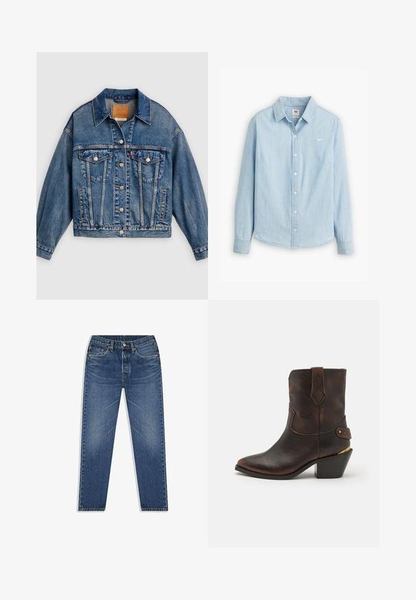 Blå denimjakke med knapper foran, to brystlommer med klap og knapper, sidelommer og en spids krave.; Lyseblå skjorte med knapper lavet af blødt denimstof. Har en klassisk krave og lange ærmer, med et lille logo på brystet.; Blå denim jeans med lige ben-design, der har knap- og lynlåsgylpter, fem lommer og subtilt slid i vasken.; Brune læder cowboystøvle med spids tå og stablet hæl. Har et dekorativt diamantmønster og en rem med hardware-detajle.