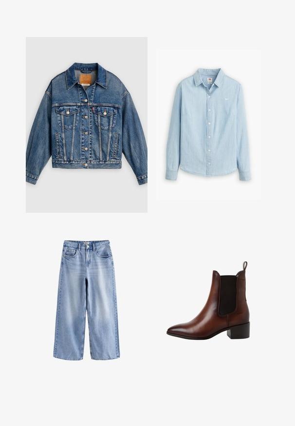 Blå denimjakke med knapper foran, to brystlommer med klap og knapper, sidelommer og en spids krave.; Lyseblå skjorte med knapper lavet af blødt denimstof. Har en klassisk krave og lange ærmer, med et lille logo på brystet.; Lyseblå vidde jeans med frontknapper og lynlås, bæltestropper og fem-lomme design, lagt fladt på hvid baggrund.; Brun læderankelstøvle med sort elastisk sidepanel, trækstrop bagpå, lav blokhæl og spids tå.