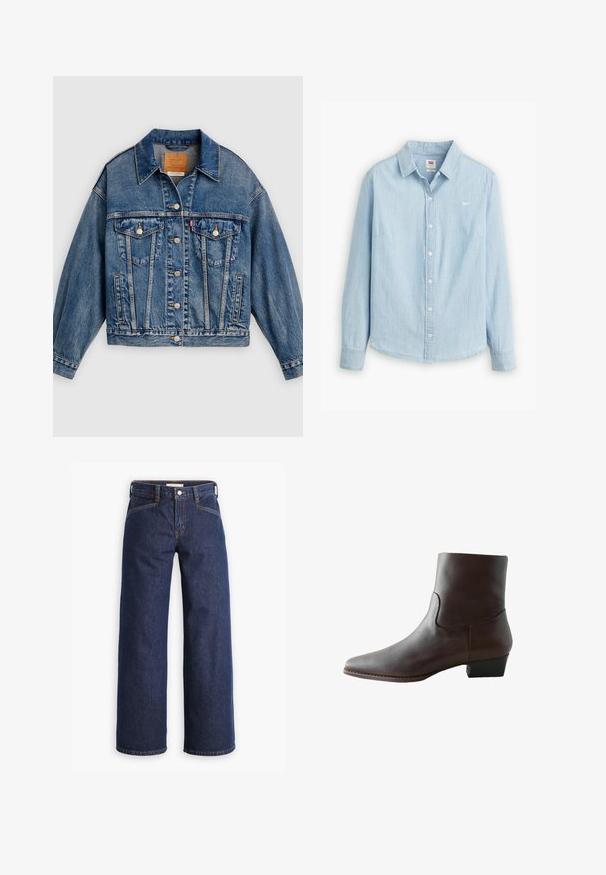 Blå denimjakke med knapper foran, to brystlommer med klap og knapper, sidelommer og en spids krave.; Lyseblå skjorte med knapper lavet af blødt denimstof. Har en klassisk krave og lange ærmer, med et lille logo på brystet.; Mørkeblå denim jeans med høj talje, bred benklipp og diskret orange syninger. Har knap- og lynlåslukning foran.; Mørkebrun læderankelstøvle med lav blokhæl og sidesømdetalje, vist fra ydersiden på en hvid baggrund.
