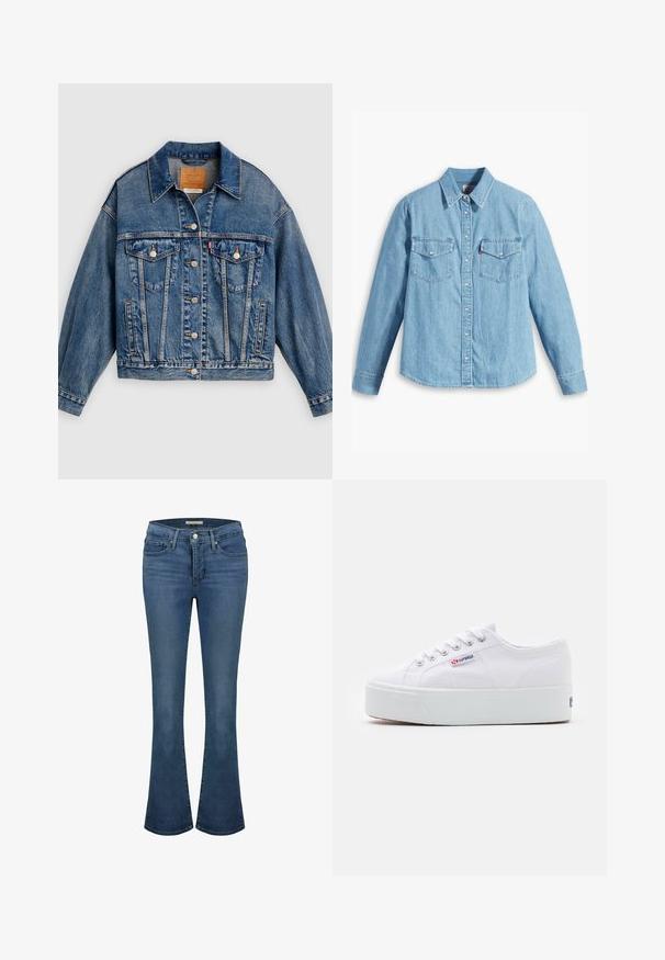 Veste en denim bleue avec fermeture à boutons, deux poches poitrine à rabat avec boutons, poches latérales et col pointu.; Chemise en denim bleu clair à manches longues, col pointu, deux poches poitrine, patte de boutonnage et texture subtile. Pas de motifs visibles.; Jean flare en denim bleu avec une taille mi-haute, présentant des surpiqûres décoratives, deux poches avant et une poche arrière en patch.; Baskets en toile blanches avec une épaisse semelle plateforme blanche, bout rond et œillets en métal pour les lacets. Logo de la marque affiché sur le côté.