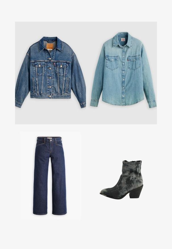 Blå denimjakke med knapper foran, to brystlommer med klap og knapper, sidelommer og en spids krave.; Lyseblå denimskjorte med klassisk krave, knaplukning foran, to brystlommer og manchetter med knap samt en let buet kant forneden.; Mørkeblå denim jeans med høj talje, bred benklipp og diskret orange syninger. Har knap- og lynlåslukning foran.; Sort og grå tekstureret ankelstøvle med spids tå, lav stablet hæl og lynlås lukning bagpå.