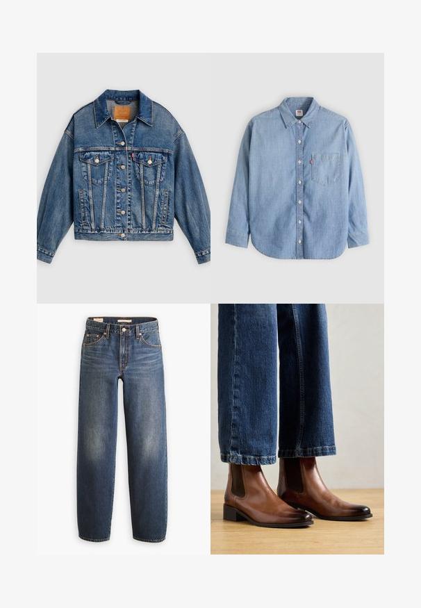 Blå denimjakke med knapper foran, to brystlommer med klap og knapper, sidelommer og en spids krave.; Lyseblå denimskjorte med button-down-krave, forlompe og lange ærmer. Har en buet kant og en subtil tekstur.; Mørkeblå denimjeans med en straight-leg design, der har fem lommer, kobbernitter og diskret falmning på lårene.; Brune læder ankelstøvler med elastiske sidepaneler, firkantet tå og lav blokhæl, båret med blå denim jeans. Hårdttrægulv nedenfor.