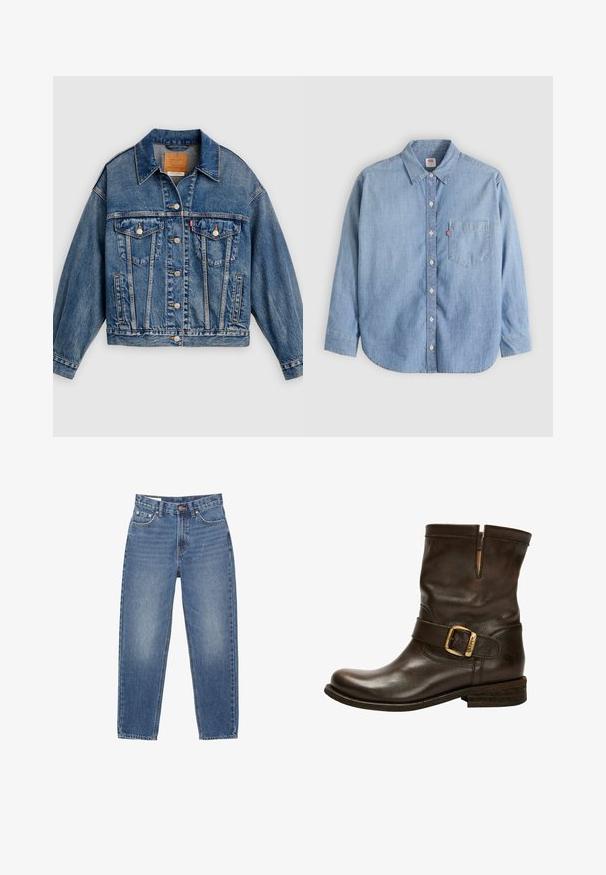Blaue Jeansjacke mit Knopfleiste, zwei aufgesetzten Brusttaschen mit Knöpfen, Seitentaschen und spitzem Kragen.; Hellblaues Jeanshemd mit Knopfleiste am Kragen, Brusttasche und langen Ärmeln. Verfügt über einen abgerundeten Saum und eine subtile Textur.; Blaue Jeans aus Denim mit geradem Bein, im Fünf-Taschen-Stil und sichtbaren Nähten auf weißem Hintergrund.; Braune Leder-Stiefelette mit abgerundetem Zehenbereich, seitlichen Schnallen-Detail, genähten Akzenten und einem niedrigen Blockabsatz. Verfügt über eine ausgeprägte Textur.