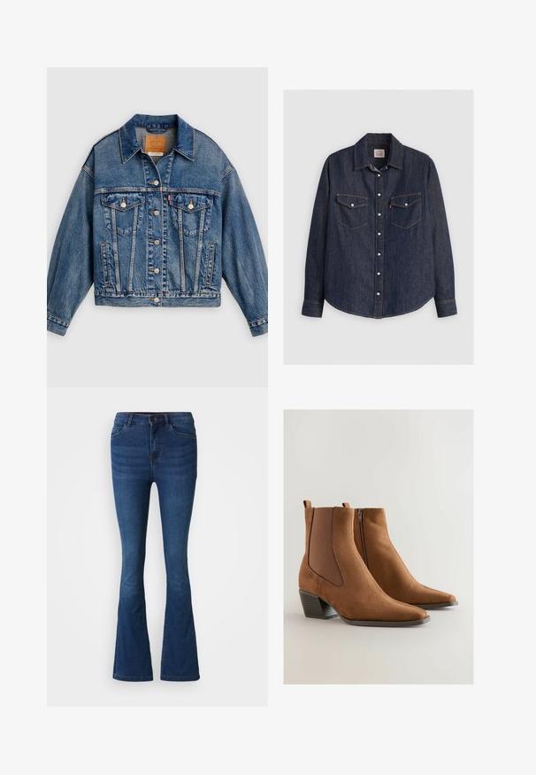 Chaqueta de mezclilla azul con cierre de botones al frente, dos bolsillos con solapa y botones en el pecho, bolsillos laterales y cuello puntiagudo.; Camisa de denim azul oscuro con mangas largas, cierre de botones en la parte delantera, dos bolsillos en el pecho con solapas y costuras amarillas en contraste.; Jeans de mezclilla de campana en azul oscuro con bolsillos delanteros y traseros, cierre de botón y cremallera, y detalles desgastados en los muslos y las rodillas.; Botas de tobillo de ante marrón con punta afilada, paneles laterales elásticos y un tacón bajo apilado. Tiene una cremallera en un lado.