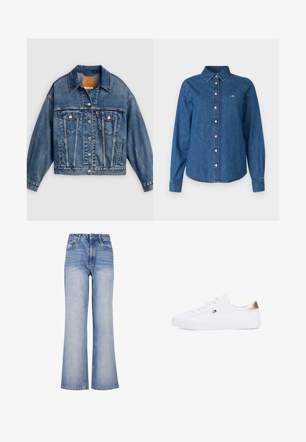 Chaqueta de mezclilla azul con cierre de botones al frente, dos bolsillos con solapa y botones en el pecho, bolsillos laterales y cuello puntiagudo.; GANT REG - Blusa - indigo; Jeans de mezclilla de un azul claro, de pierna ancha, con cintura alta, cierre de botón, un ligero desvanecimiento y un diseño clásico de cinco bolsillos.; Zapatillas de lona blancas con puntera redonda, cordones en la parte frontal y un acento dorado en el talón. Presenta un pequeño emblema en el lateral.