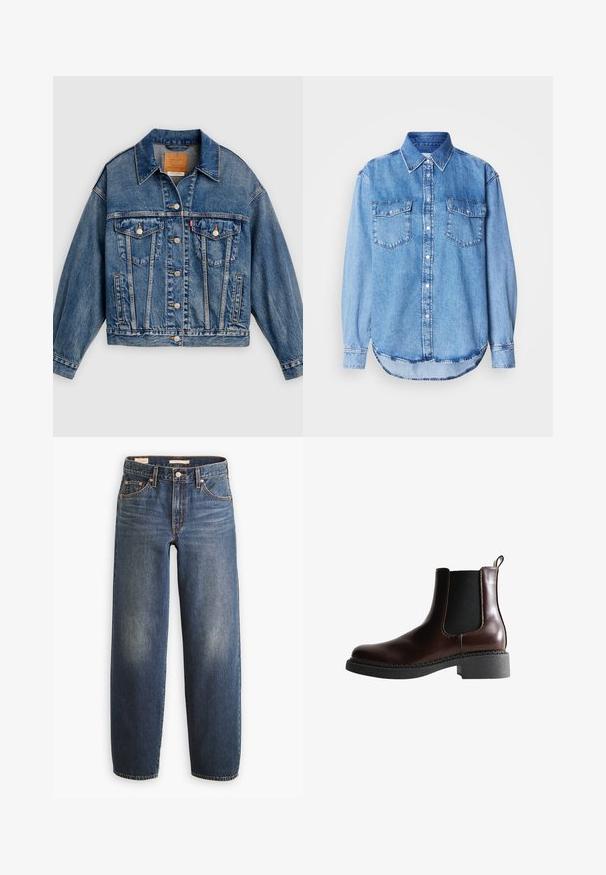 Veste en denim bleue avec fermeture à boutons, deux poches poitrine à rabat avec boutons, poches latérales et col pointu.; Chemise en denim de couleur bleu clair, avec col classique, patte de boutonnage, deux poches poitrine et ourlet arrondi avec détails de couture.; Jean en denim bleu foncé avec une coupe droite, doté de cinq poches, de rivets en cuivre et d'un léger délavage sur les cuisses.; Bottine en cuir marron avec des panneaux élastiques sur les côtés, bout rond et semelle en caoutchouc noir texturé. Comprend des coutures contrastées et une languette.