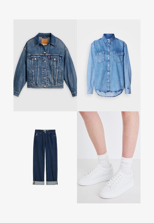 Blaue Jeansjacke mit Knopfleiste, zwei aufgesetzten Brusttaschen mit Knöpfen, Seitentaschen und spitzem Kragen.; Jeanshemd in Hellblau mit klassischem Kragen, durchgehender Knopfleiste, zwei Brusttaschen und rundem Saum mit Ziernähten.; Dunkelblaue Jeans aus Denim mit geradem Bein, umgeschlagenen Säumen, sichtbarem Stich und klassischem Fünf-Taschen-Stil.; Copenhagen Studios CPH72 - Sneaker low - white