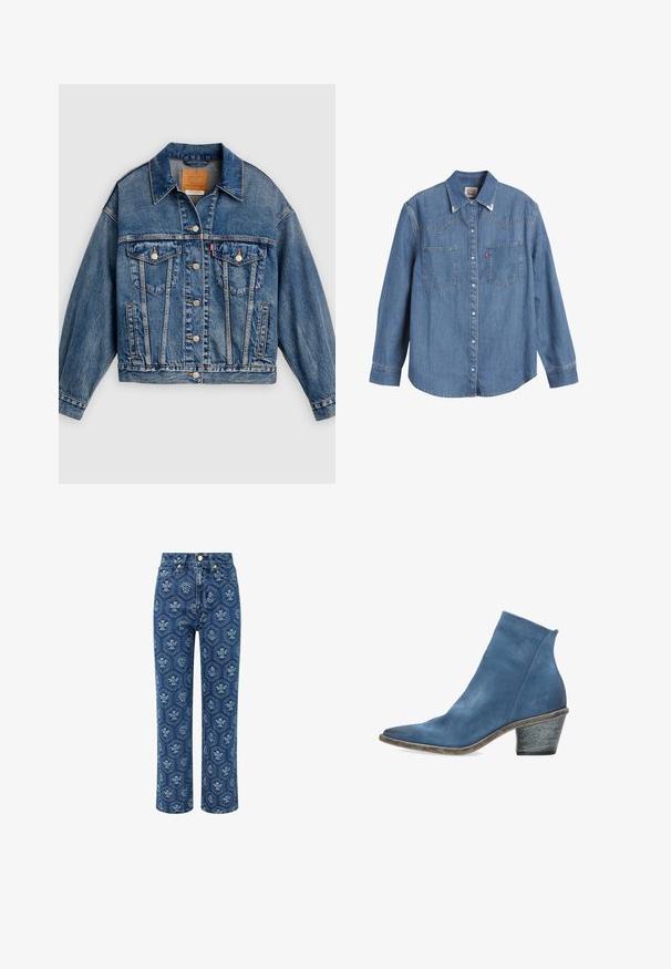Blå denimjakke med knapper foran, to brystlommer med klap og knapper, sidelommer og en spids krave.; Lys blå denimskjorte med lange ærmer, spids krave, to brystlommer og kontraststing. Har et western-inspireret yoke-design.; Mørkeblå denim jeans med blomstermønster, højtaljet, lige ben-design, der har guld-tone hardware og en subtil tekstur.; VENEZIA Ankelstøvler - light blue