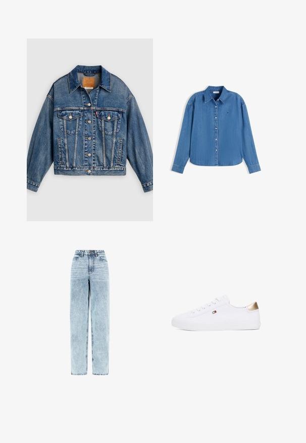 Blå denimjakke med knapper foran, to brystlommer med klap og knapper, sidelommer og en spids krave.; Blå langærmet denimskjorte med krave og knapper foran, med en lille rektangulær logo på venstre bryst.; Høj talje, lyseblå falmet denimjeans med lige ben, knaplukning foran, lynlås og forlommer.; Hvide kanvas sneakers med rund tå, snørebånd fortil, og et gyldent detalje på hælen. Har et lille emblem på siden.
