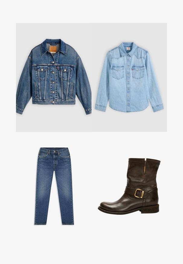 Blaue Jeansjacke mit Knopfleiste, zwei aufgesetzten Brusttaschen mit Knöpfen, Seitentaschen und spitzem Kragen.; Hellblaues Jeanshemd mit langen Ärmeln, Knopfleiste, zwei Brusttaschen mit Klappen und einem klassischen spitzen Kragen vor grauem Hintergrund.; Blaue Denim-Jeans mit geradem Bein, ausgestattet mit einem Knopf- und Reißverschluss, fünf Taschen und dezenten Abnutzungserscheinungen in der Waschung.; Braune Leder-Stiefelette mit abgerundetem Zehenbereich, seitlichen Schnallen-Detail, genähten Akzenten und einem niedrigen Blockabsatz. Verfügt über eine ausgeprägte Textur.