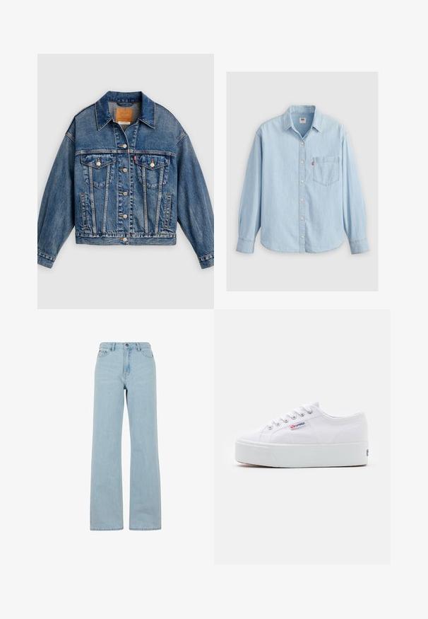 Blaue Jeansjacke mit Knopfleiste, zwei aufgesetzten Brusttaschen mit Knöpfen, Seitentaschen und spitzem Kragen.; Hellblaue Denim-Hemd mit spitzem Kragen, langen Ärmeln, Knopfverschluss und einer Brusttasche mit einem kleinen Logolabel.; Helle blaue Schlagjeans aus Denim, mit hoher Taille, Fronttaschen und einer dezenten Waschstruktur. Standardknopf- und Reißverschluss.; Weiße Leinenschuhe mit einer dicken weißen Plattformsohle, runder Zehenpartie und Metallösen für die Schnürsenkel. Markenlogo an der Seite angebracht.