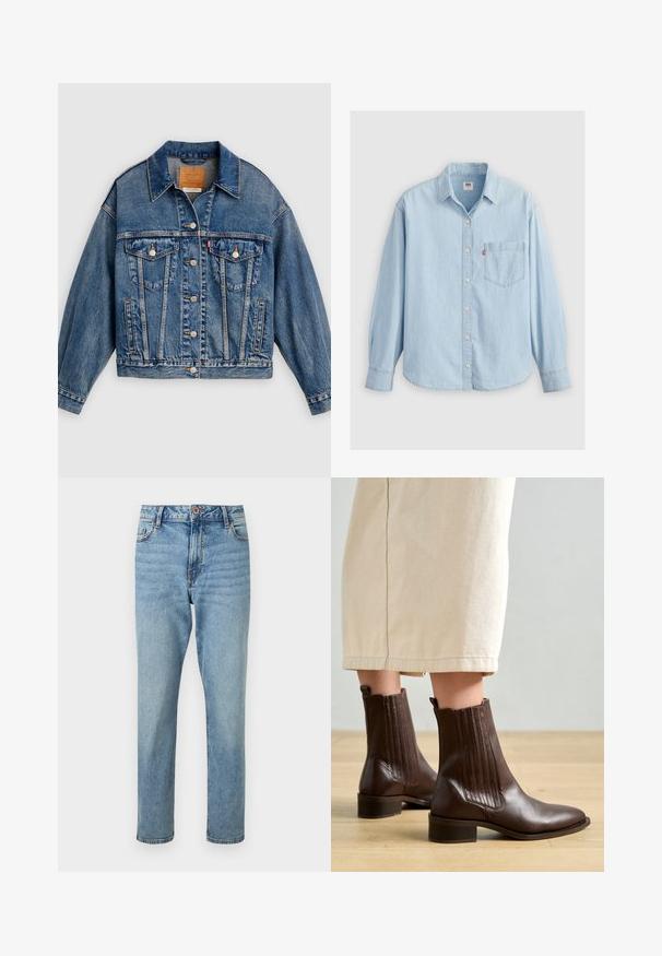Blaue Jeansjacke mit Knopfleiste, zwei aufgesetzten Brusttaschen mit Knöpfen, Seitentaschen und spitzem Kragen.; Hellblaue Denim-Hemd mit spitzem Kragen, langen Ärmeln, Knopfverschluss und einer Brusttasche mit einem kleinen Logolabel.; Hellblaue, hoch taillierte Jeans mit geradem Bein, vorne mit Knopf- und Reißverschluss, vorderen Taschen und dezenten ausgewaschenen Details.; Pavement SHANI - Stiefelette - brown