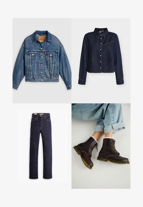Blauwe spijkerjack met knoopsluiting aan de voorkant, twee borstflapzakken met knopen, zijzakken en een puntige kraag.; Donkerblauw denim hemd met lange mouwen en drukknopen, Western-stijl halsstuk, puntige kraag en rechte zoom tegen een witte achtergrond.; Donkerblauwe straight-leg denim jeans met vijf zakken en zichtbare oranje stiksels op een witte achtergrond.; Bruine leren enkellaarsjes met vetersluiting, bontvoering, gele stiksels en stevige rubberen zolen. Draag ze met opgerolde lichtblauwe jeans.