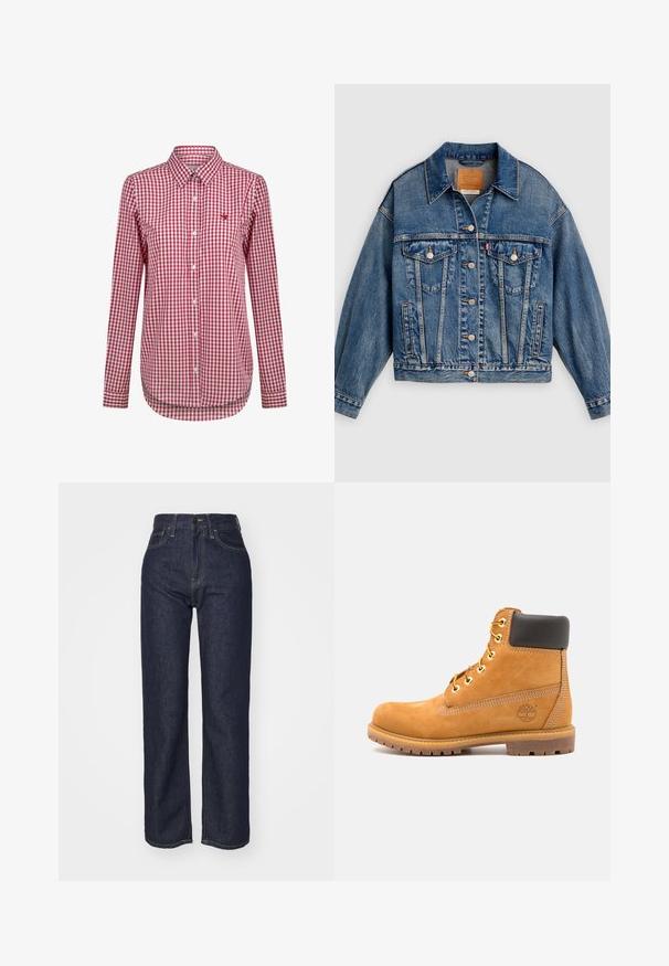 Veste en denim bleue avec fermeture à boutons, deux poches poitrine à rabat avec boutons, poches latérales et col pointu.; Chemise à manches longues à carreaux rouges et blancs, avec un col, dotée d'un petit logo brodé et d'un ourlet arrondi.; Jean en denim bleu foncé taille haute avec une coupe droite, coutures visibles, cinq poches et une fermeture à braguette frontale.; Bottine en cuir marron avec rembourrage noir, œillets dorés et semelle texturée. Présente un logo circulaire sur le côté et des accents de couture.