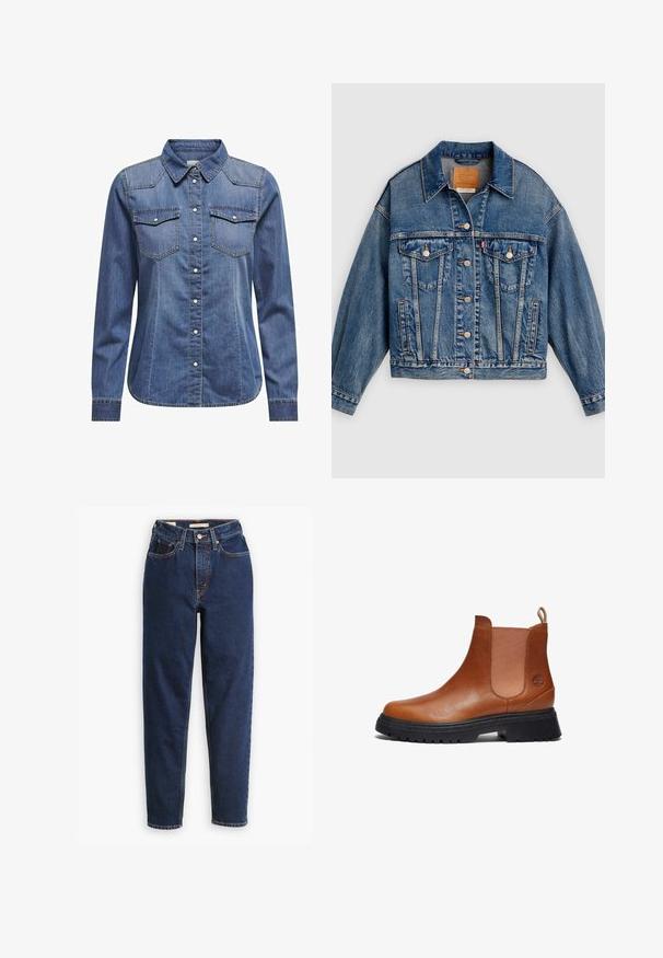 Blå denimjakke med knapper foran, to brystlommer med klap og knapper, sidelommer og en spids krave.; Denimskjorte i mørkeblå, med krave, lange ærmer, dobbelt brystlomme og kontrasterende syninger.; Mørkeblå denimjeans med høj talje, femlommedesign og lige ben. Kontrastsyninger og knaplukning.; Timberland MID CHELSEA - Plateaustøvletter - rust copper