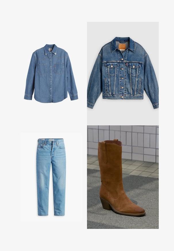 Blaue Jeansjacke mit Knopfleiste, zwei aufgesetzten Brusttaschen mit Knöpfen, Seitentaschen und spitzem Kragen.; Hellblaues Denim-Hemd mit langen Ärmeln, spitzem Kragen, zwei Brusttaschen und kontrastierenden Nähten. Verfügt über ein Design mit Westernstil-Yoke.; Hellblaue hoch taillierte Jeans mit geradem Bein, Knopfleiste und Fünf-Taschen-Design, flach auf weißem Hintergrund dargestellt.; Ein einzelner brauner Wildleder-Cowboystiefel mit gestapeltem Absatz auf grauem Gehweg neben einer beigen gefliesten Wand.