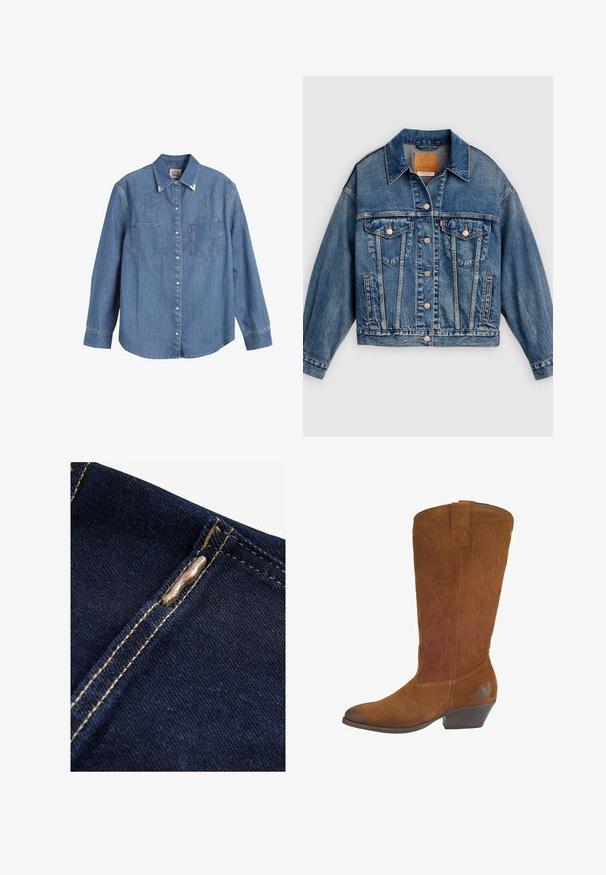 Blauwe spijkerjack met knoopsluiting aan de voorkant, twee borstflapzakken met knopen, zijzakken en een puntige kraag.; Lichtblauwe denim overhemden met lange mouwen, puntige kraag, twee borstzakken en contrasterende stiksels. Heeft een westers stijl yoke ontwerp.; Next REGULAR FIT - WIDE LEG - Flared Jeans - rinse blue; Bruine suède cowboylaars met een puntige neus, verhoogde stikpatronen, een lage gestapelde hak en een lus aan de bovenkant voor gemakkelijke aantrekking.