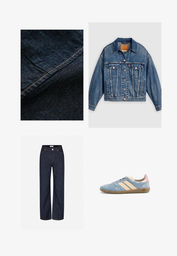 Blauwe spijkerjack met knoopsluiting aan de voorkant, twee borstflapzakken met knopen, zijzakken en een puntige kraag.; Donkerblauwe denimstof met een subtiele verticale textuur, voorzien van oranje stiksels langs de naad voor accentuering.; Donkerblauwe wijde jeans van denim, met grote zakken, contrasterende oranje stiksels en een knoopsluiting in de taille.; Lichtblauwe suède sneaker met beige strepen, roze bloemenborduursel, gumzool en roze hieltreklip, zijaanzicht op witte achtergrond.