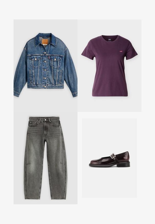 Blaue Jeansjacke mit Knopfleiste, zwei aufgesetzten Brusttaschen mit Knöpfen, Seitentaschen und spitzem Kragen.; Lila T-Shirt mit Rundhalsausschnitt und kurzen Ärmeln, mit kleinem rotem Levi’s Logo-Tag auf der linken Brust.; Hochtaillierte, grau gewaschene Jeans aus Denim mit fünf Taschen, Knopfverschluss und einer lässigen, geraden Passform.; Ein einzelner glänzender dunkelburgunder Mary Jane Schuh mit breitem Riemen und silberner Schnalle, niedrigem Blockabsatz und abgerundeter Spitze auf weißem Hintergrund.