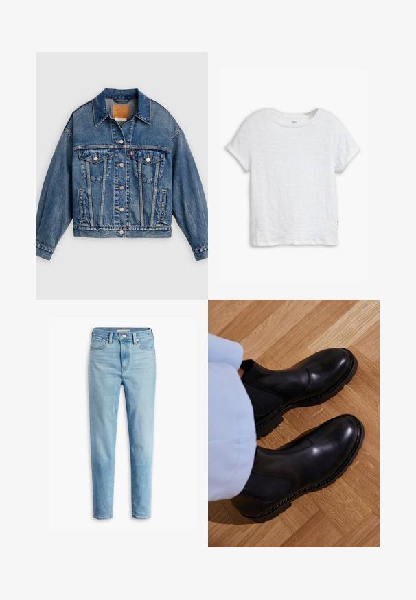 Blauwe spijkerjack met knoopsluiting aan de voorkant, twee borstflapzakken met knopen, zijzakken en een puntige kraag.; Witte kortere mouwen t-shirt van lichtgewicht katoen, met een ronde halslijn, een iets boxy vorm en een klein rood logo-label aan de zoom.; Lichtblauwe hoge taille spijkerbroek met voorzakken, riemlussen, knoopsluiting en taps toelopende broekspijpen op een witte achtergrond.; Zwarte enkellaarzen van soepel leer met elastische zijpanelen, een getextureerde rubberen zool en contrasterende stiklijnen langs de rand.
