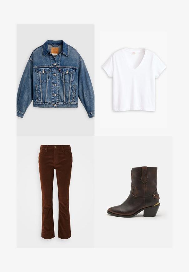 Blaue Jeansjacke mit Knopfleiste, zwei aufgesetzten Brusttaschen mit Knöpfen, Seitentaschen und spitzem Kragen.; Weißes Baumwoll-T-Shirt mit V-Ausschnitt, kurzen Ärmeln und gerader Saumlinie. Weiche Textur, minimalistisches Design, keine Muster oder Akzente.; Braune Corduroy-Hosen mit weitem Beinschnitt und glatter Textur, mit Reißverschluss und Knopfverschluss sowie klassischem Fünf-Taschen-Design.; Braune Leder-Cowboystiefel mit spitzer Zehe und gestapeltem Absatz. Verfügt über ein dekoratives Diamantmuster und einen Riemen mit Hardware-Akzenten.
