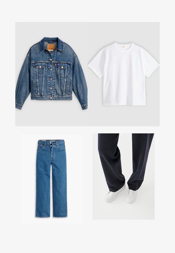 Blå denimjakke med knapper foran, to brystlommer med klap og knapper, sidelommer og en spids krave.; Hvid bomuld t-shirt med korte ærmer, rund hals, afslappet pasform, glat tekstur og en lille logolabel på venstre sidesøm.; Blå denim lige ben jeans med høj talje, fem lomme design og knaplukning. Markante syninger og kobberfarvede nitter.; Hvide sneakers med teksturerede gummisåler og flade snørebånd, kombineret med mørkeblå bukser i løs, glat stof og skræddersyet pasform.
