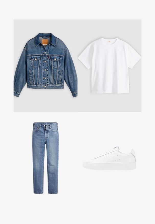 Veste en denim bleue avec fermeture à boutons, deux poches poitrine à rabat avec boutons, poches latérales et col pointu.; T-shirt en coton blanc à manches courtes, col rond, coupe décontractée, texture lisse, avec une petite étiquette logo sur la couture latérale gauche.; Jeans en denim bleu clair avec une coupe droite, un design à cinq poches et un bouton pression. Présentent une légère décoloration et des coutures orange en accent.; Baskets plateformes blanches avec tige en cuir, bout rond et fermeture à lacets. Présente des perforations sur les côtés et un logo discret au niveau du talon.