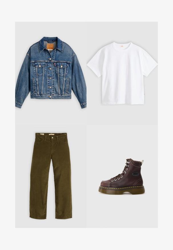 Blaue Jeansjacke mit Knopfleiste, zwei aufgesetzten Brusttaschen mit Knöpfen, Seitentaschen und spitzem Kragen.; Weißes Baumwoll-T-Shirt mit kurzen Ärmeln, rundem Ausschnitt, lockerer Passform, glatter Textur und einem kleinen Logetikett an der linken Seitennaht.; Olivgrüne Cordhosen mit geradem Bein, die über Fronttaschen und einen Knopfverschluss verfügen und eine vertikale Rippstruktur aufweisen.; Braune Leder-Ankle-Boots mit strukturierten Oberflächen, silbernen Ösen und gelben Nähten. Verfügt über eine robuste, transparente Sohle und eine Zuglasche.