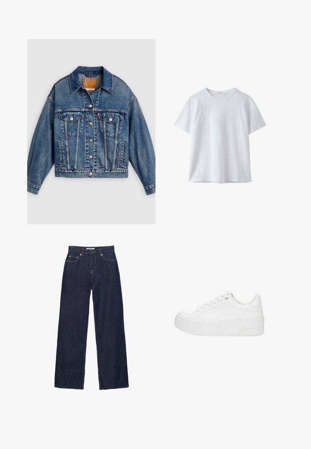 Veste en denim bleue avec fermeture à boutons, deux poches poitrine à rabat avec boutons, poches latérales et col pointu.; T-shirt blanc uni à manches courtes et col rond, en tissu doux, présenté sur fond blanc.; Jean droit en denim bleu foncé avec fermeture par bouton et fermeture éclair, cinq poches et surpiqûres contrastantes visibles.; Baskets à plateforme blanches avec lacets à l'avant, détails perforés sur le côté et semelle épaisse, vues de profil extérieur sur un fond blanc.