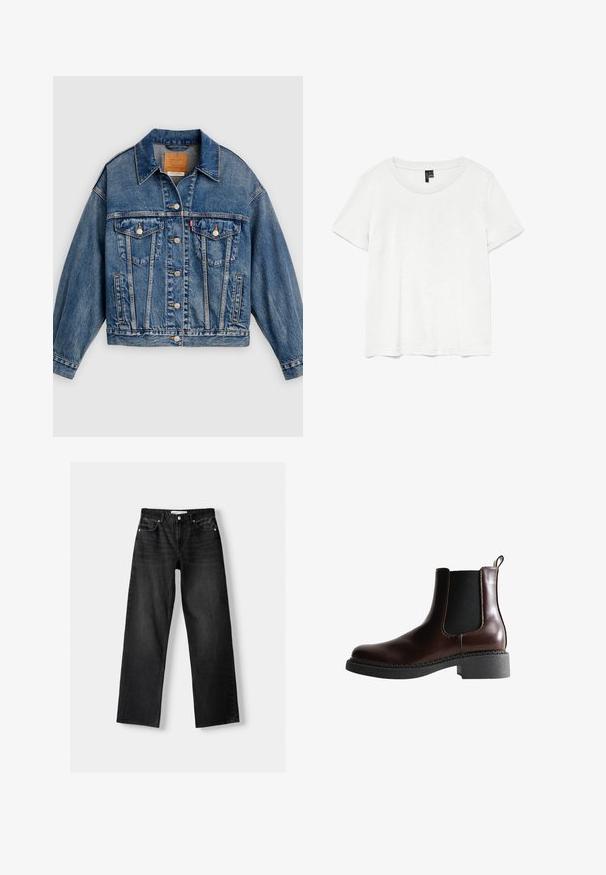 Blaue Jeansjacke mit Knopfleiste, zwei aufgesetzten Brusttaschen mit Knöpfen, Seitentaschen und spitzem Kragen.; Weißes T-Shirt mit kurzen Ärmeln und rundem Ausschnitt, hergestellt aus leichtem Stoff. Schlichtes Design, glatte Textur und gerader Saum.; Bershka Jeans Straight Leg - mottled dark grey; Braune Leder-Boots mit elastischen Seitenteilen, runder Spitze und einer strukturierten schwarzen Gummisohle. Verfügt über kontrastierende Nähte und eine Ziehlasche.
