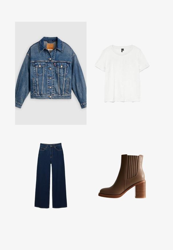 Blauwe spijkerjack met knoopsluiting aan de voorkant, twee borstflapzakken met knopen, zijzakken en een puntige kraag.; Witte t-shirt met korte mouwen en een ronde hals, gemaakt van lichte stof. Eenvoudig ontwerp, gladde textuur en rechte zoom.; Donkerblauwe jeans met brede pijpen van spijkerstof; voorzien van voorzakken en een knoopsluiting; opvallende stiksels langs de naden; geen patronen of versieringen.; Bruine leren enkelboot met gestapelde blokhak en elastische zijpanelen voor makkelijke instap, weergegeven in profielweergave op een witte achtergrond.