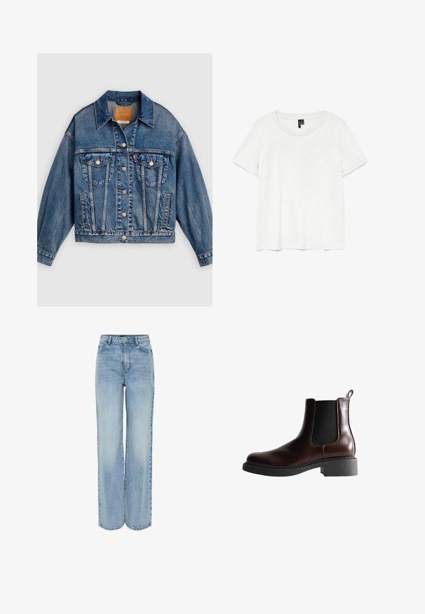 Blaue Jeansjacke mit Knopfleiste, zwei aufgesetzten Brusttaschen mit Knöpfen, Seitentaschen und spitzem Kragen.; Weißes T-Shirt mit kurzen Ärmeln und rundem Ausschnitt, hergestellt aus leichtem Stoff. Schlichtes Design, glatte Textur und gerader Saum.; Helle blaue, weit geschnittene Jeans aus Denim. Mit hoher Taille, fünf Taschen und subtilen Ausbleichungen für Textur. Klassischer Knopf- und Reißverschluss.; Braune Leder-Boots mit elastischen Seitenteilen, runder Spitze und einer strukturierten schwarzen Gummisohle. Verfügt über kontrastierende Nähte und eine Ziehlasche.