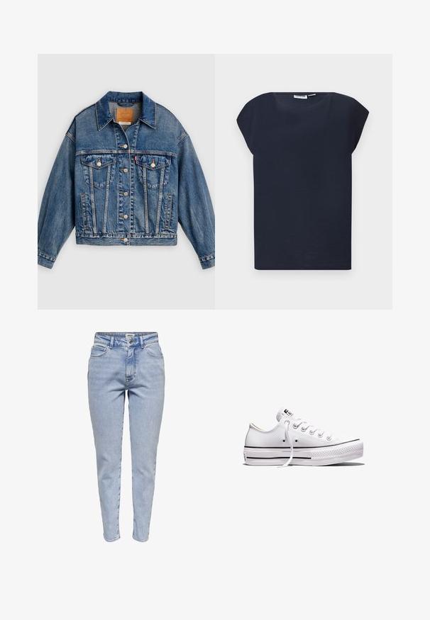 Blauwe spijkerjack met knoopsluiting aan de voorkant, twee borstflapzakken met knopen, zijzakken en een puntige kraag.; Donker marineblauw T-shirt met korte mouwen en ronde hals, plat liggend op een lichtgrijze achtergrond.; Lichtblauwe high-waisted slim-fit jeans met een knoop aan de voorkant, rits en vijf-pocket ontwerp.; Wit lage canvas sneaker met witte veters, rubberen zool, zwarte streepdetails en logopatch op de tong en hiel.
