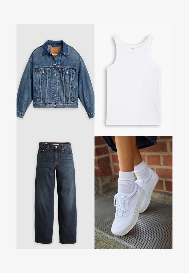 Blå denimjakke med knapper foran, to brystlommer med klap og knapper, sidelommer og en spids krave.; Hvid bomulds tanktop med brede skulderstropper, en rund halsudskæring og en glat, ribbet tekstur. Ingen mønstre eller detaljer til stede.; Mørkeblå denimjeans med lige ben, fem lomme-stil og kontrastsyninger samt knappelukning.; Hvide lærreds sneakers med gummisåler, der har seks snørehuller, rund tå og let sømdetaljer, krydret med hvide ankelstrømper.