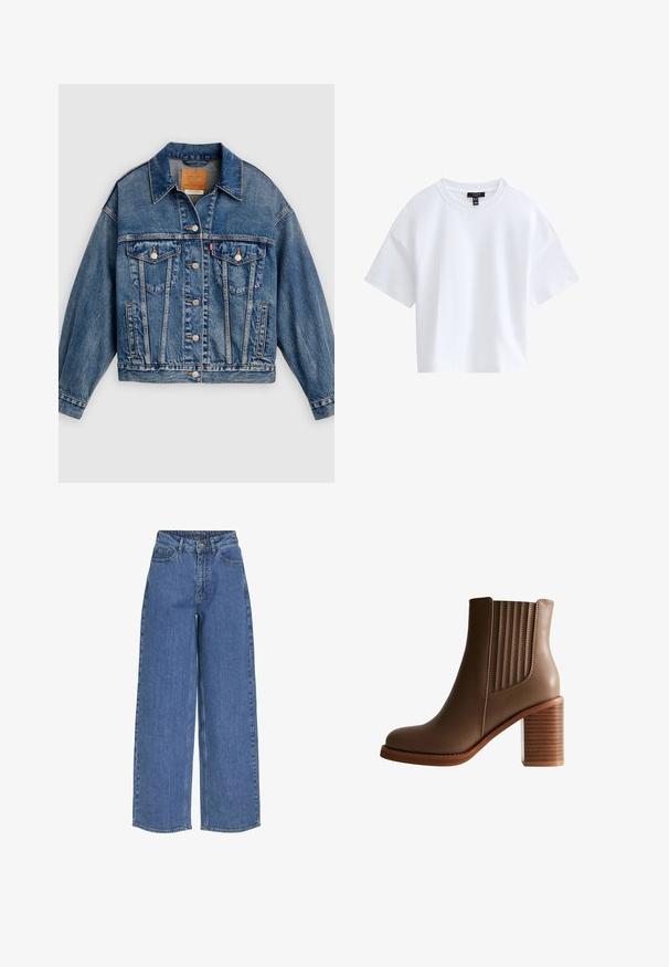 Chaqueta de mezclilla azul con cierre de botones al frente, dos bolsillos con solapa y botones en el pecho, bolsillos laterales y cuello puntiagudo.; Camiseta blanca sencilla de manga corta y corte cropped con escote redondo y etiqueta negra de la marca dentro del cuello.; Pantalones vaqueros de pernera ancha y cintura alta, fabricados en tejido de mezclilla. Incluye bolsillos frontales y un cierre de botón. Diseño clásico y casual.; Botín de cuero marrón hasta el tobillo con tacón de bloque apilado y paneles laterales elásticos para facilitar su uso, mostrado en vista lateral sobre un fondo blanco.